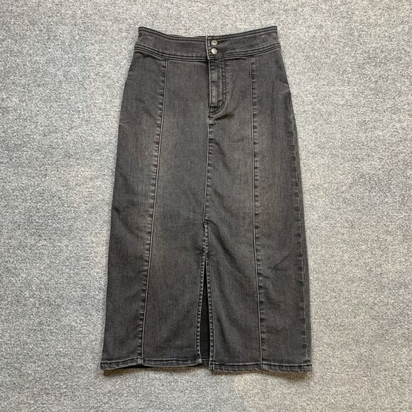 We The Free People Skirt Womens 26 Black Fade Denim Maddie Zip Front Slit Midi - Picture 2 of 12